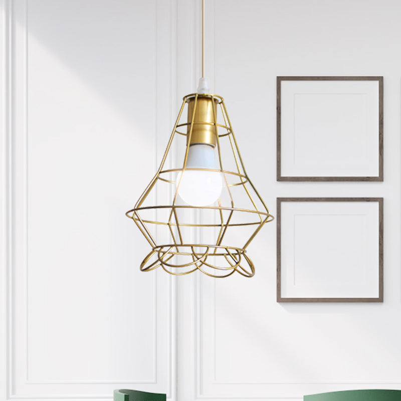 Gold Wire Cage Pendant Light - Retro Industrial Iron Hanging Lamp with Shade for Coffee Shop