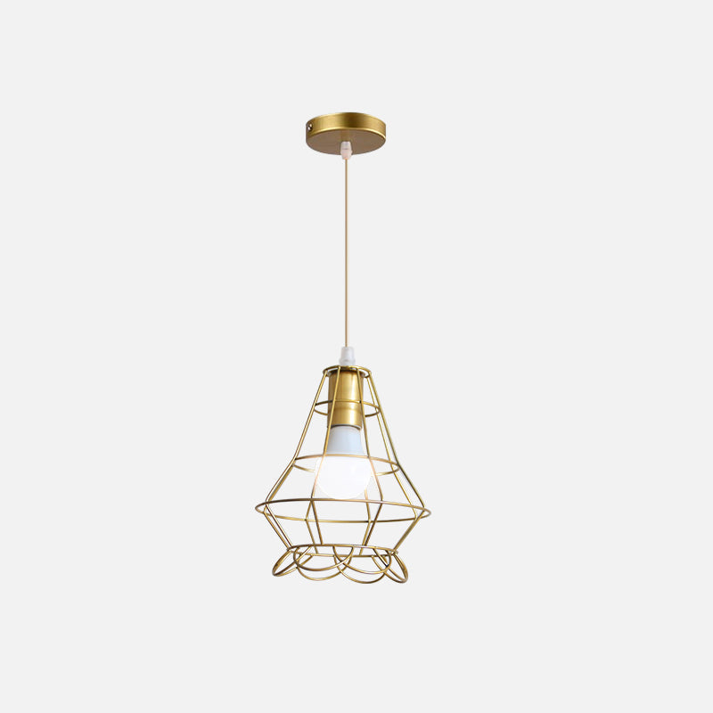 Gold Wire Cage Pendant Light - Retro Industrial Iron Hanging Lamp with Shade for Coffee Shop