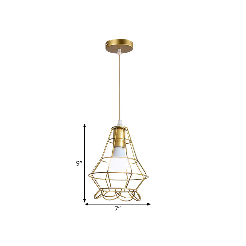 Gold Wire Cage Pendant Light - Retro Industrial Iron Hanging Lamp with Shade for Coffee Shop