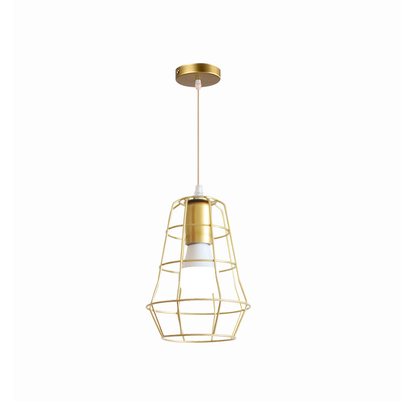 Gold Wire Cage Pendant Light - Retro Industrial Iron Hanging Lamp with Shade for Coffee Shop