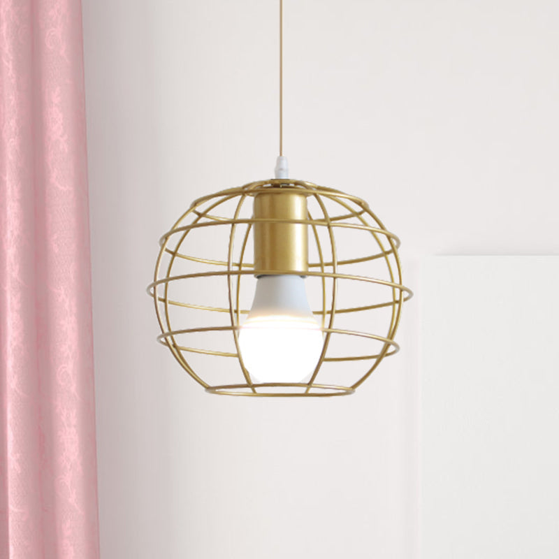 Gold Metal Pendant Light with Globe/Hexagon Cage Shade for Dining Room
