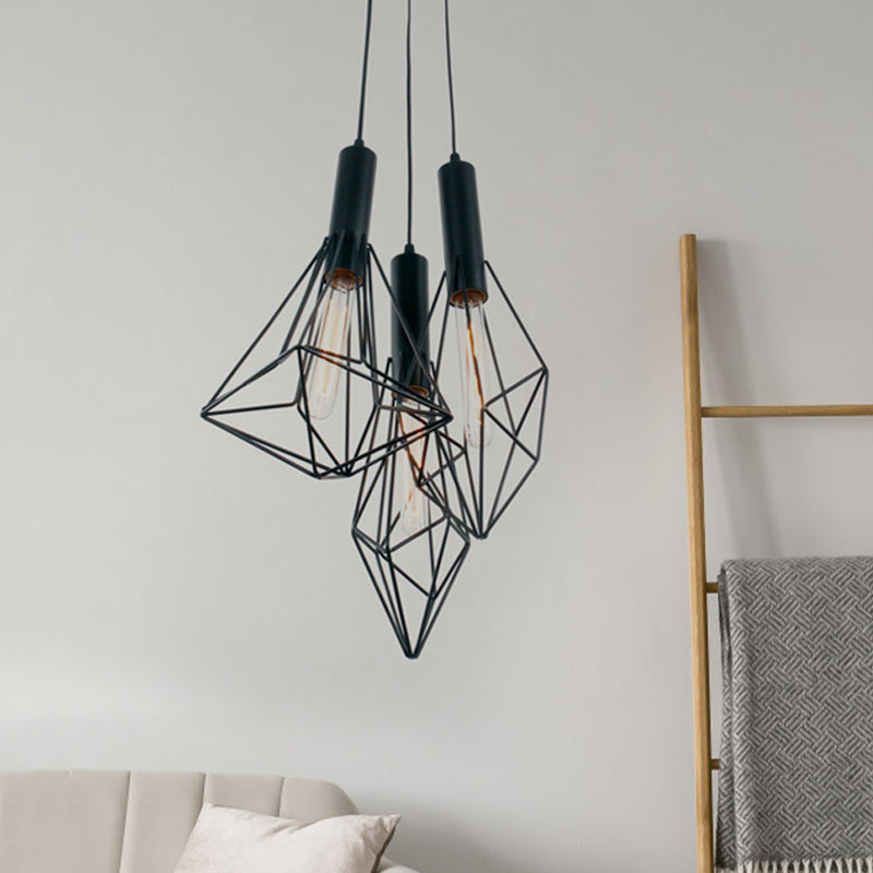 Industrial Black Iron Cage Pendant Light - Abstract Cafe Hanging Fixture with 3 Lights
