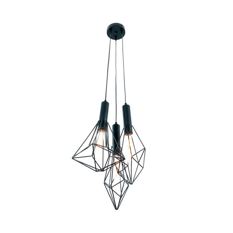Industrial Black Iron Cage Pendant Hanging Light With 3 Lights For Cafe