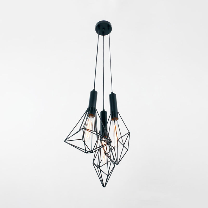 Industrial Black Iron Cage Pendant Light - Abstract Cafe Hanging Fixture with 3 Lights