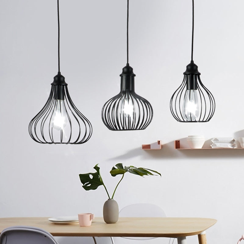 Black Vintage Onion Caged Pendant Light Fixture with 3 Bulbs - Metal Hanging Light for Restaurants