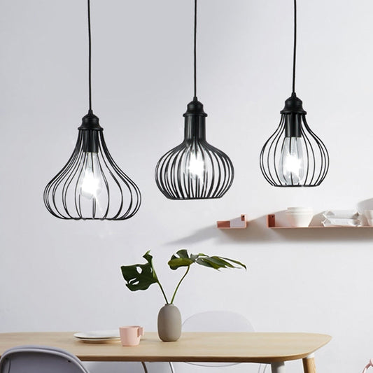 Black Vintage Onion Caged Pendant Light Fixture with 3 Bulbs - Metal Hanging Light for Restaurants