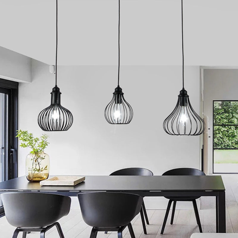 Black Vintage Onion Caged Pendant Light Fixture with 3 Bulbs - Metal Hanging Light for Restaurants
