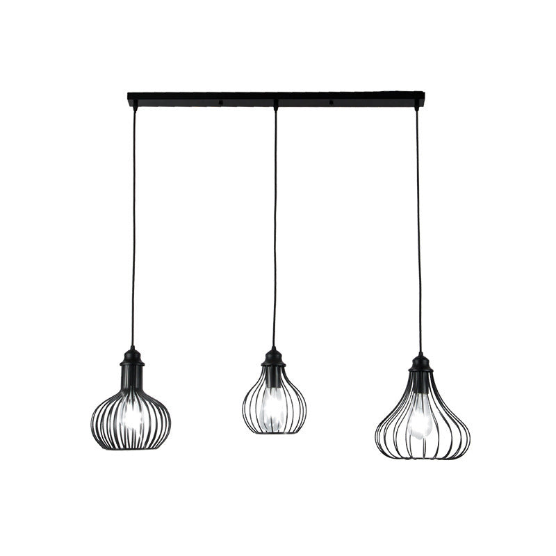 Black Vintage Onion Caged Pendant Light Fixture with 3 Bulbs - Metal Hanging Light for Restaurants