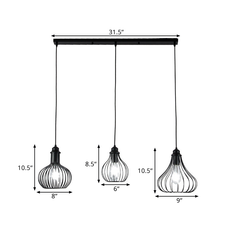 Black Vintage Onion Caged Pendant Light Fixture with 3 Bulbs - Metal Hanging Light for Restaurants