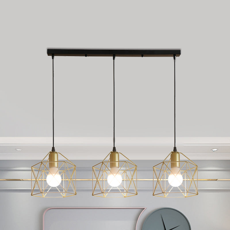 Plafonnier doré de style industriel avec abat-jour en cage hexagonale - Idéal pour les restaurants et plus encore !