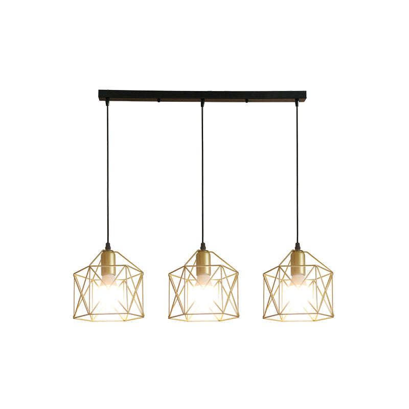 Plafonnier doré de style industriel avec abat-jour en cage hexagonale - Idéal pour les restaurants et plus encore !