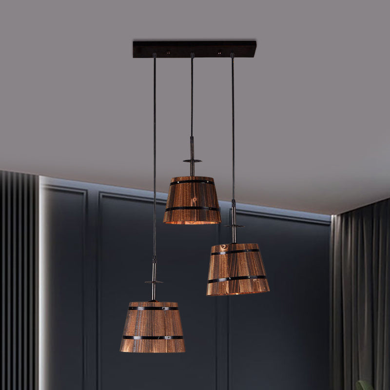 Rustic Wooden 3-Bulb Pendant Light In Brown - Villa Hanging Lamp