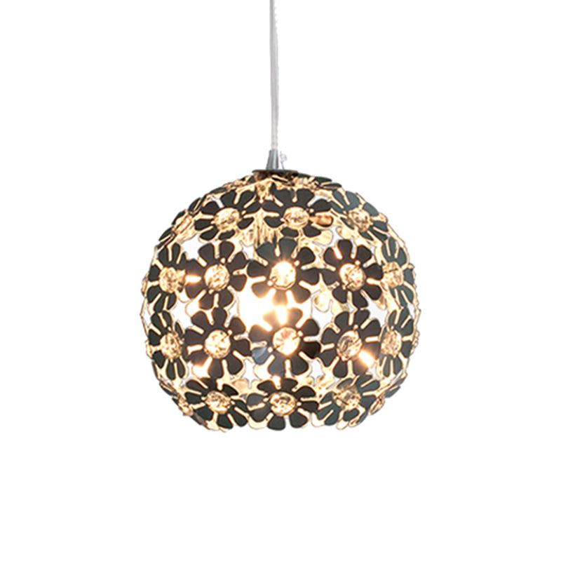Contemporary Floral Globe Hanging Light With Crystal Accents - Aluminum & Chrome Suspension Lamp