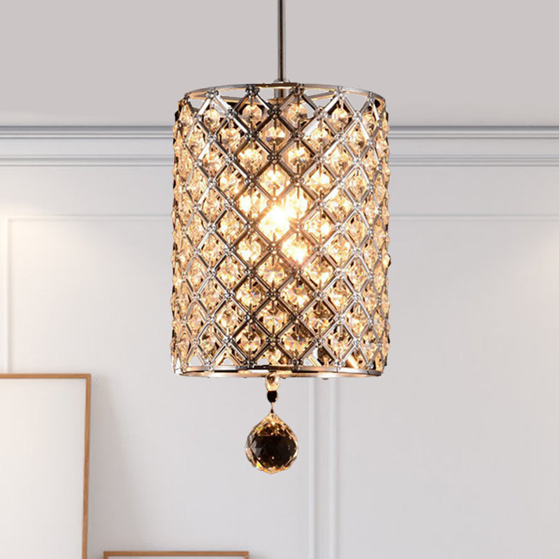Modern Chrome Crystal Cylinder Pendant Light Fixture For Restaurant