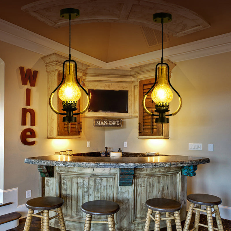 Vintage Yellow Crackle Glass Kerosene Pendant Light for Living Room - Black 1-Light Hanging Ceiling Lighting
