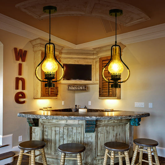 Vintage Yellow Crackle Glass Kerosene Pendant Light for Living Room - Black 1-Light Hanging Ceiling Lighting