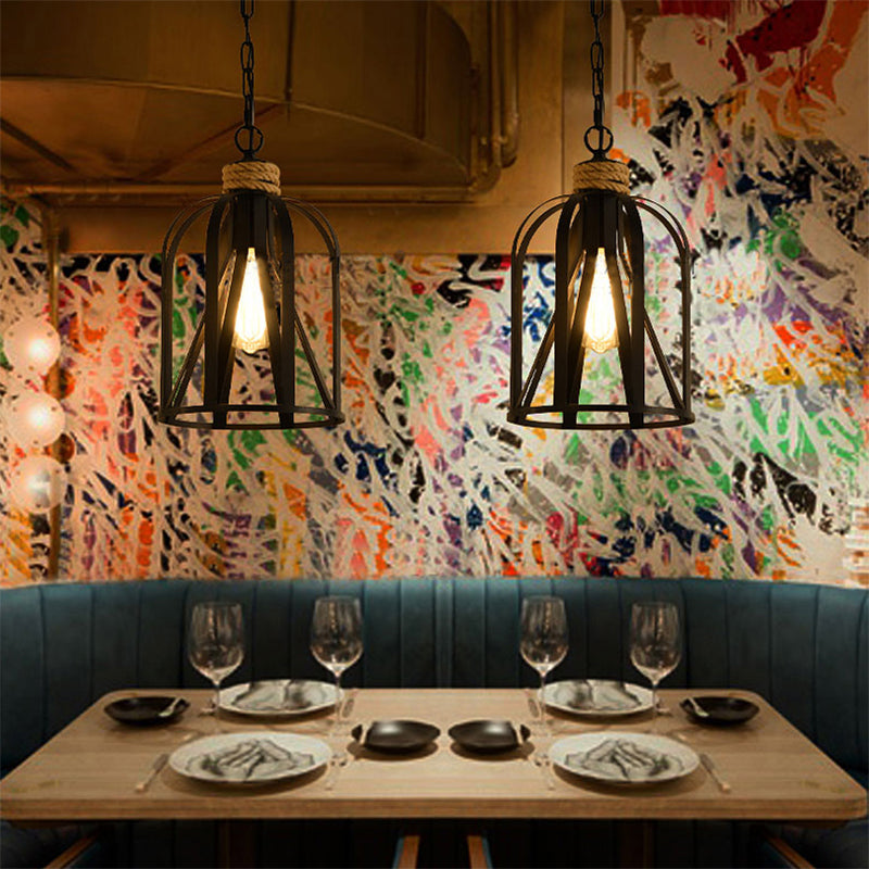 Retro Black Wire Pendant Light With Birdcage Shade - Ideal For Restaurants And Lofts