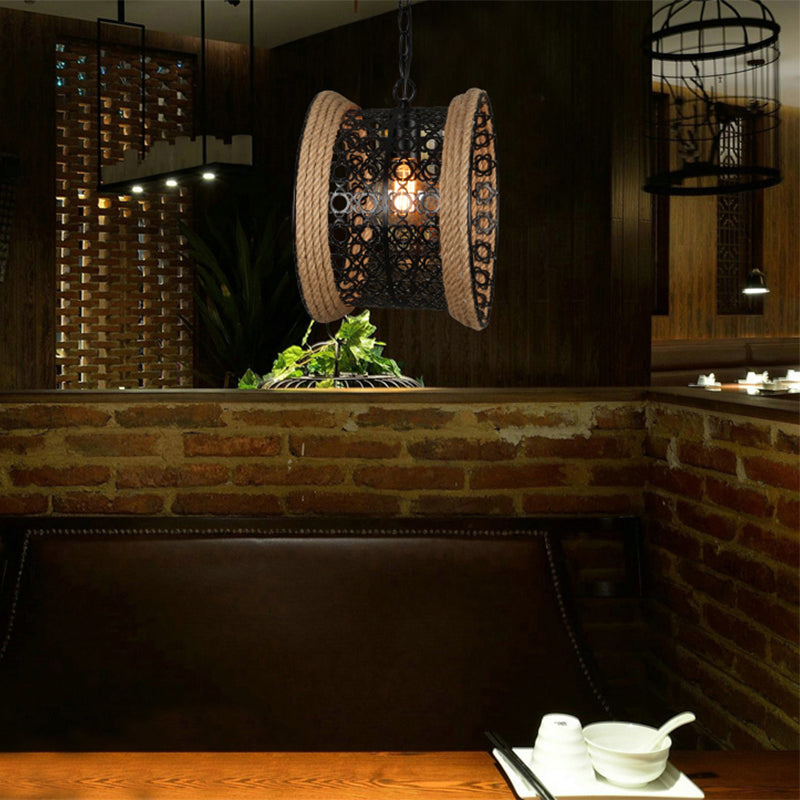 1-Light Indoor Black Mesh Drum Metal Shade Pendant Lamp With Rope Detail