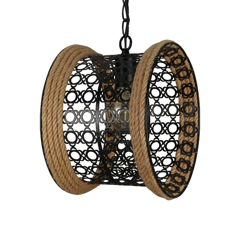 1-Light Indoor Black Mesh Drum Metal Shade Pendant Lamp With Rope Detail