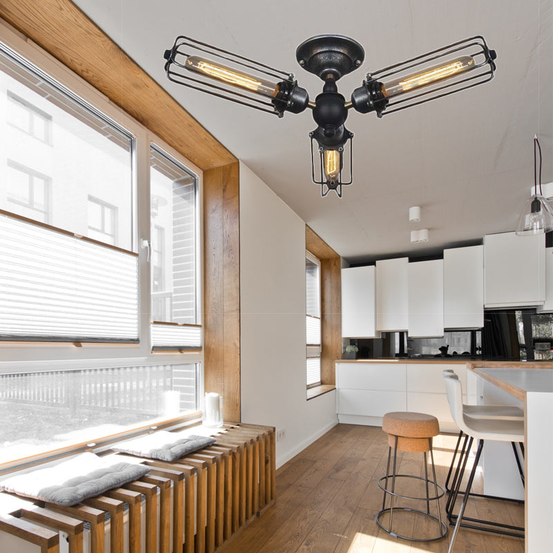 Plafonnier en métal avec abat-jour en cage - Design de ventilateur à 3 lumières de style ferme - Montage semi-encastré pour salon