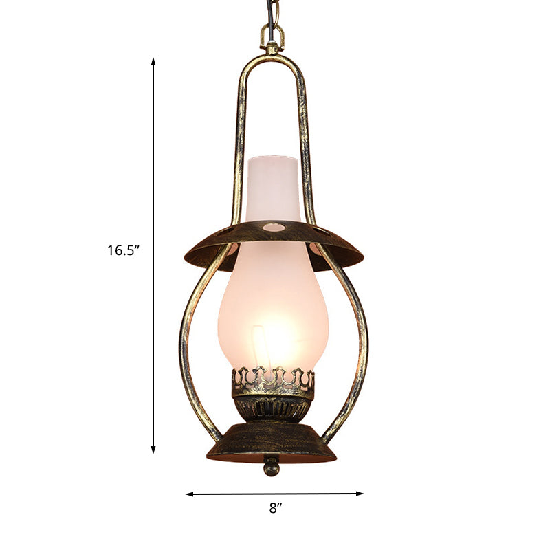 Farmhouse Brass Pendant Ceiling Light with Milk Glass - Rustic Kerosene Lighting Fixture for Restaurants
