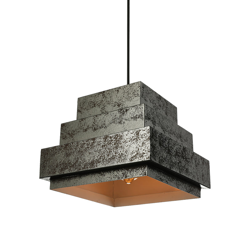 Iron Pendant Lighting With 4 Aged Black Shades - Industrial Style Indoor Hanging Light