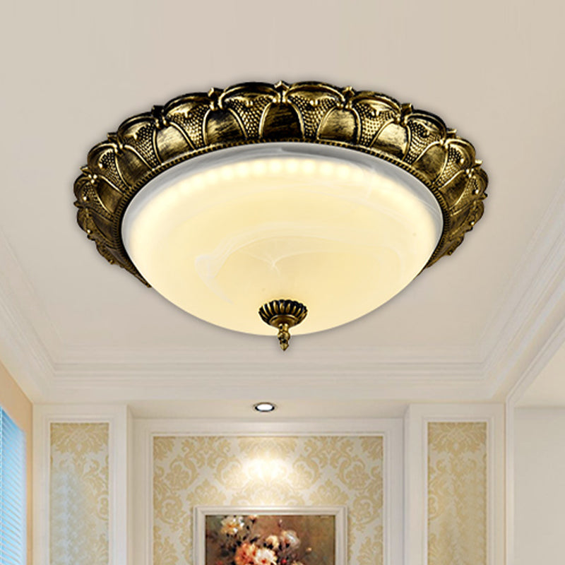 Plafonnier de couloir en forme de dôme en verre dépoli vintage blanc/laiton LED - Lumière chaude/blanche, 16"/19,5