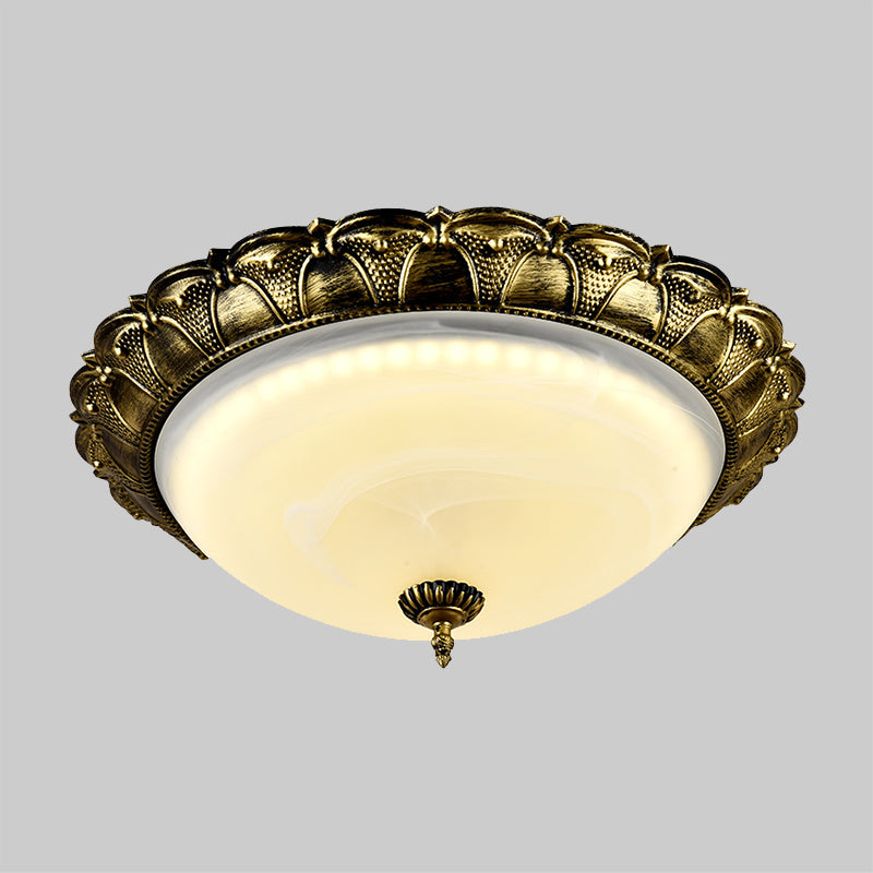 Plafonnier de couloir en forme de dôme en verre dépoli vintage blanc/laiton LED - Lumière chaude/blanche, 16"/19,5