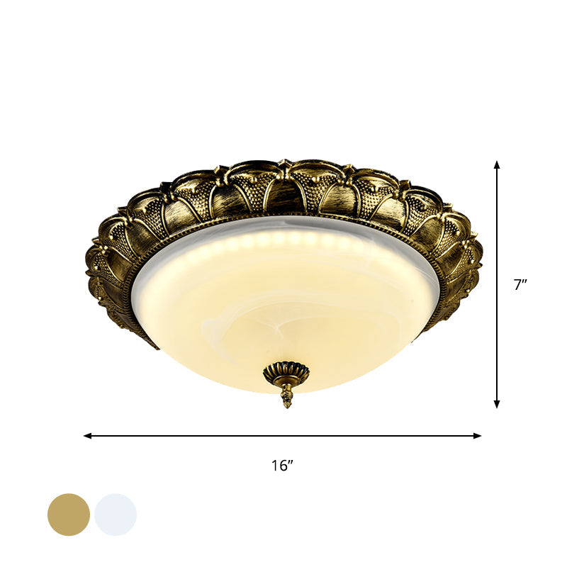 Plafonnier de couloir en forme de dôme en verre dépoli vintage blanc/laiton LED - Lumière chaude/blanche, 16"/19,5