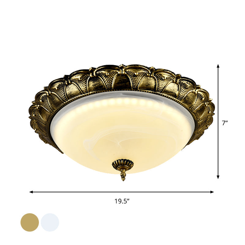 Plafonnier de couloir en forme de dôme en verre dépoli vintage blanc/laiton LED - Lumière chaude/blanche, 16"/19,5
