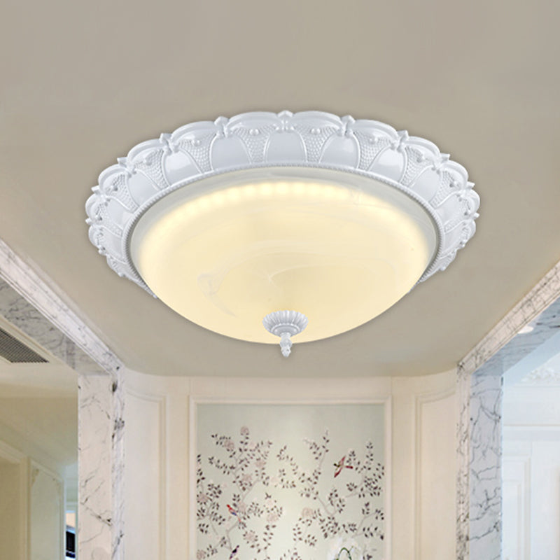 Plafonnier de couloir en forme de dôme en verre dépoli vintage blanc/laiton LED - Lumière chaude/blanche, 16"/19,5