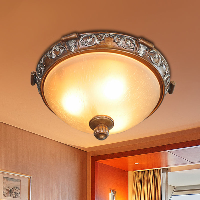 Opal Glass Dome Ceiling Light Retro Style with Carved Flower, 3/5-Bulb, Brown, 16"/19.5"/21.5" Width
