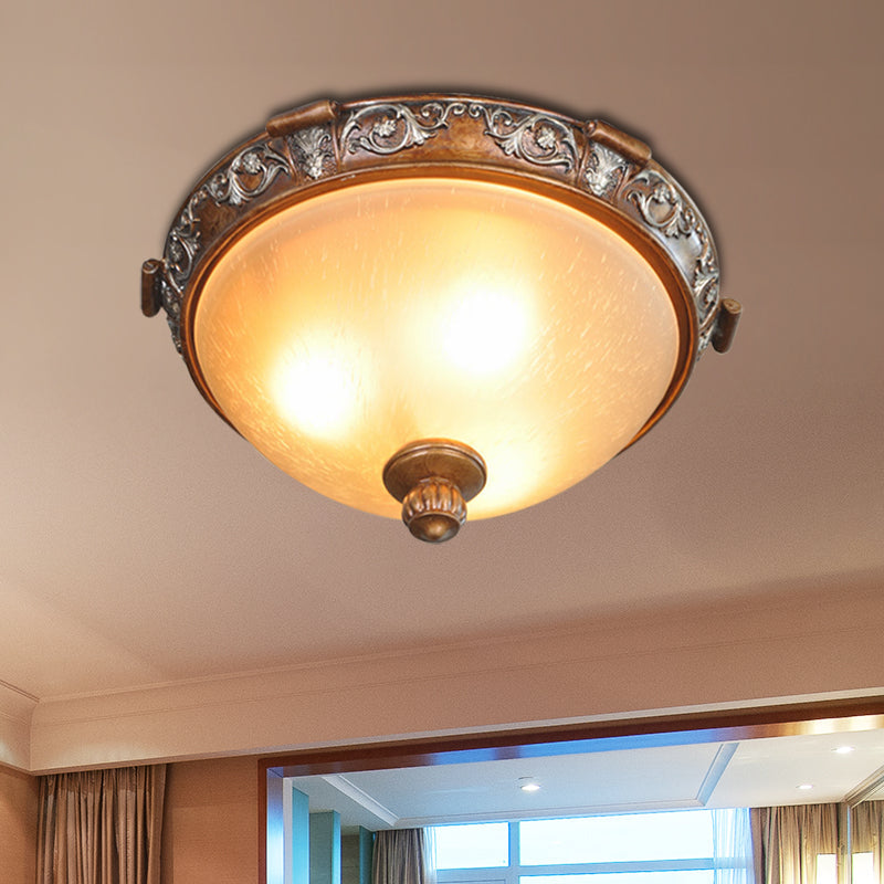 Opal Glass Dome Ceiling Light Retro Style with Carved Flower, 3/5-Bulb, Brown, 16"/19.5"/21.5" Width