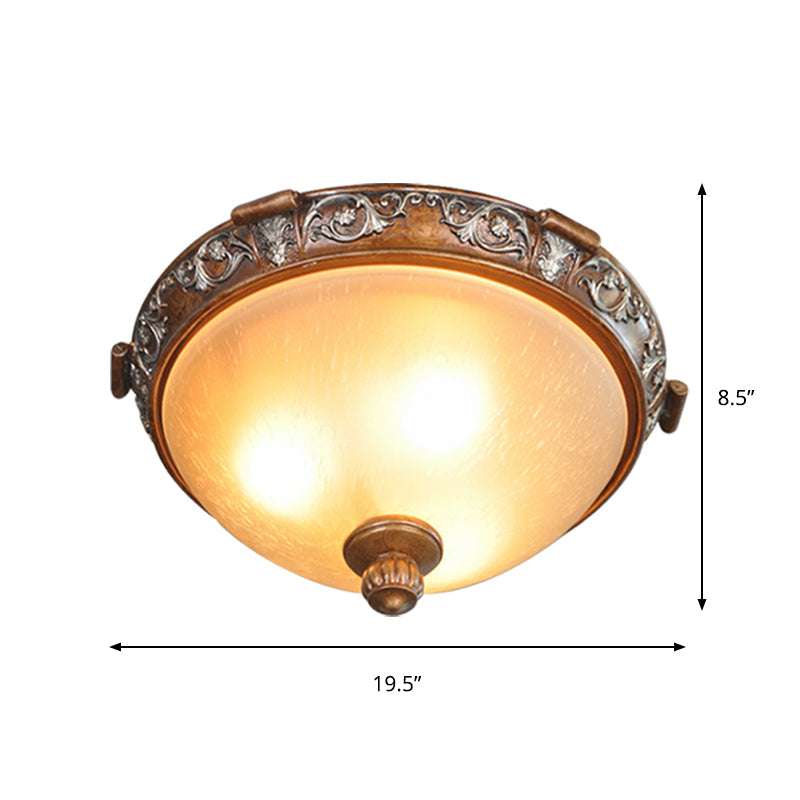 Opal Glass Dome Ceiling Light Retro Style with Carved Flower, 3/5-Bulb, Brown, 16"/19.5"/21.5" Width