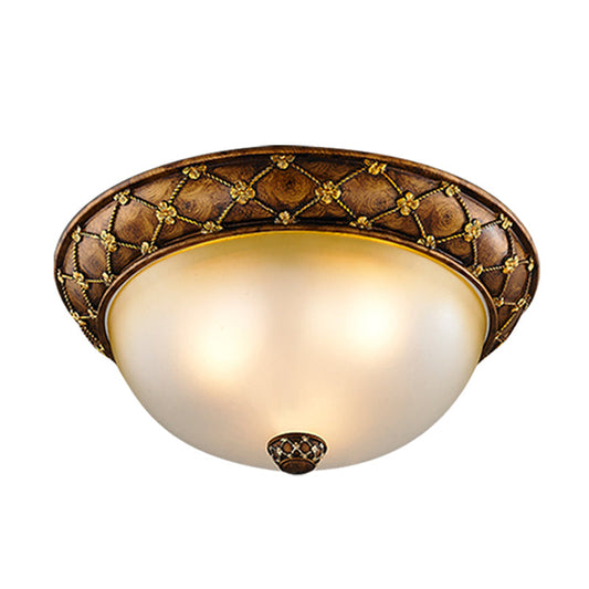 Rustic Dome-Like Ceiling Lamp 3 Frosted Glass Heads Brown 15/19 Width