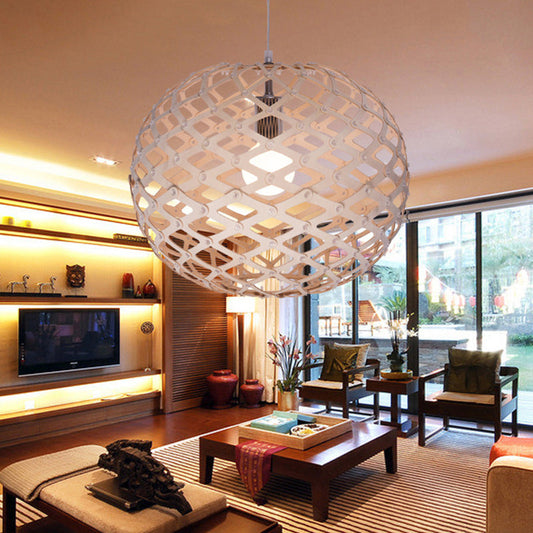 Vintage Wood Pendant Light With Orb Shade In White For Living Room Décor