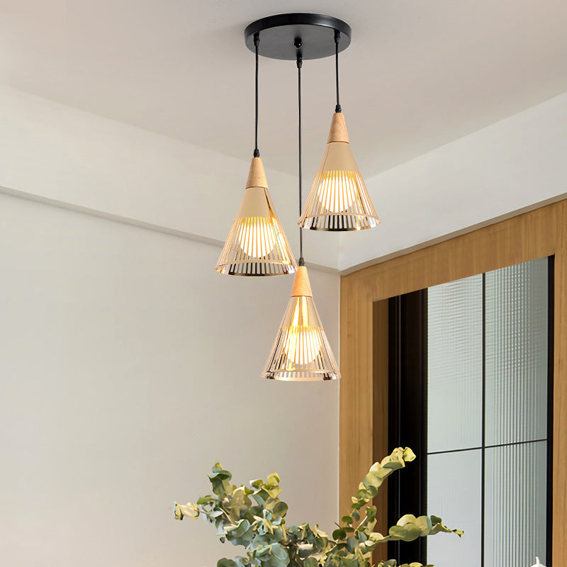 Plafonnier Nordic Cone - Suspension à 3 têtes en métal et bois avec cadre en fil de fer, auvent linéaire/rond - Noir/blanc