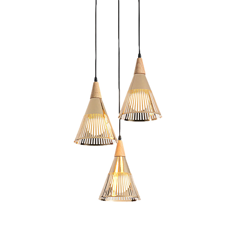 Plafonnier Nordic Cone - Suspension à 3 têtes en métal et bois avec cadre en fil de fer, auvent linéaire/rond - Noir/blanc
