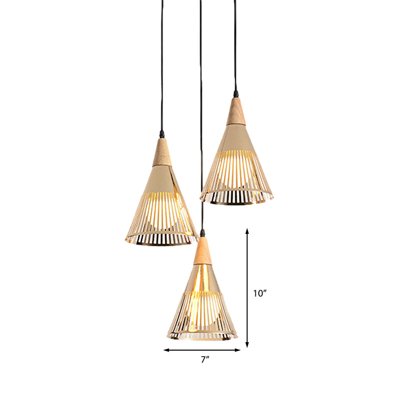 Plafonnier Nordic Cone - Suspension à 3 têtes en métal et bois avec cadre en fil de fer, auvent linéaire/rond - Noir/blanc