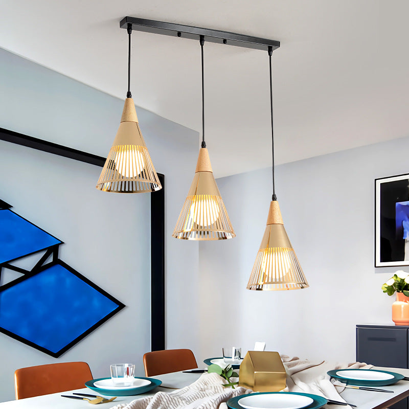 Plafonnier Nordic Cone - Suspension à 3 têtes en métal et bois avec cadre en fil de fer, auvent linéaire/rond - Noir/blanc