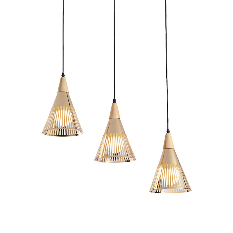 Plafonnier Nordic Cone - Suspension à 3 têtes en métal et bois avec cadre en fil de fer, auvent linéaire/rond - Noir/blanc