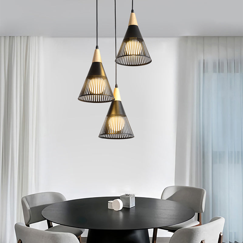 Plafonnier Nordic Cone - Suspension à 3 têtes en métal et bois avec cadre en fil de fer, auvent linéaire/rond - Noir/blanc