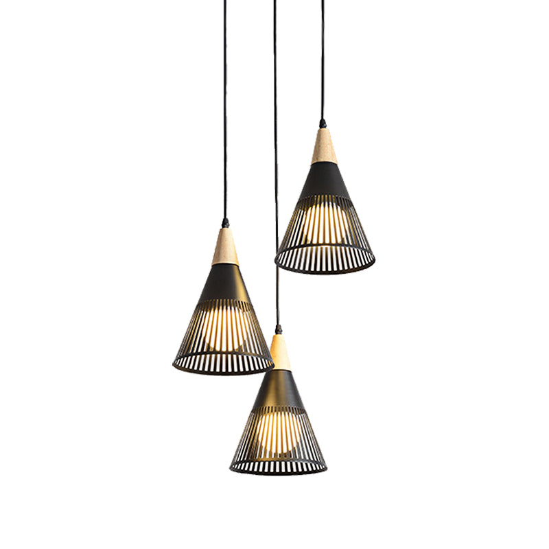 Plafonnier Nordic Cone - Suspension à 3 têtes en métal et bois avec cadre en fil de fer, auvent linéaire/rond - Noir/blanc
