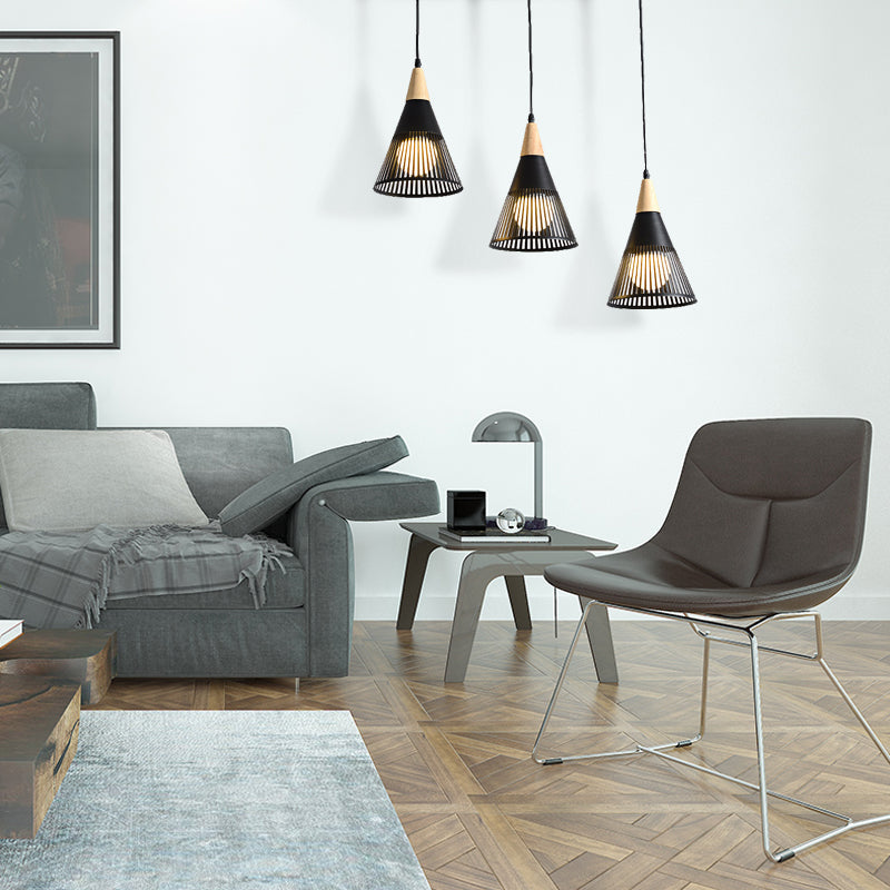 Plafonnier Nordic Cone - Suspension à 3 têtes en métal et bois avec cadre en fil de fer, auvent linéaire/rond - Noir/blanc