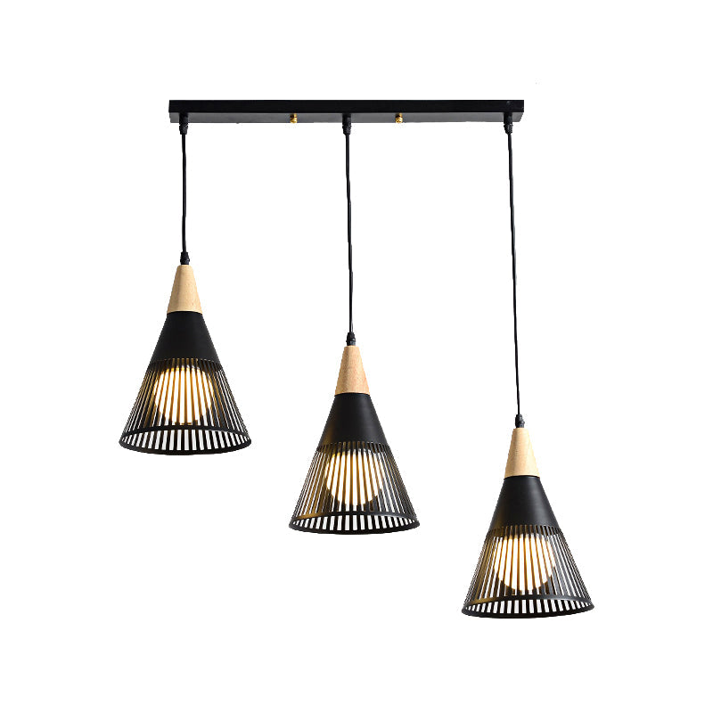 Plafonnier Nordic Cone - Suspension à 3 têtes en métal et bois avec cadre en fil de fer, auvent linéaire/rond - Noir/blanc