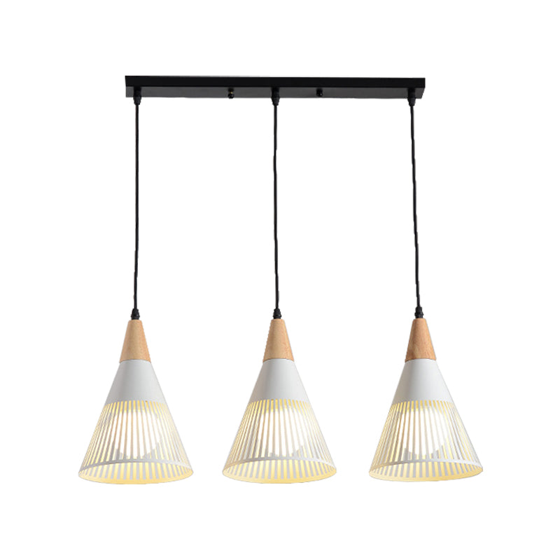 Plafonnier Nordic Cone - Suspension à 3 têtes en métal et bois avec cadre en fil de fer, auvent linéaire/rond - Noir/blanc