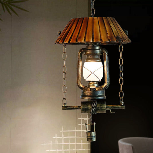 Vintage Wood and Iron Lantern Pendant Ceiling Light - Brown Indoor Hanging Light