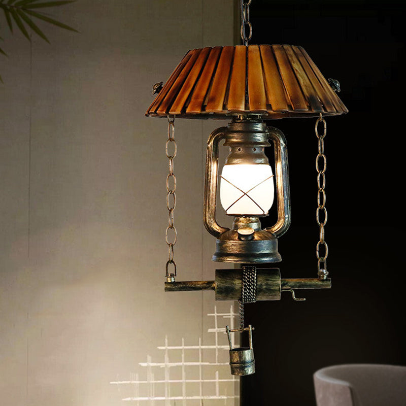 Vintage Wood & Iron Ceiling Light Lantern Pendant With Single Bulb Brown Hanging For Indoor Décor