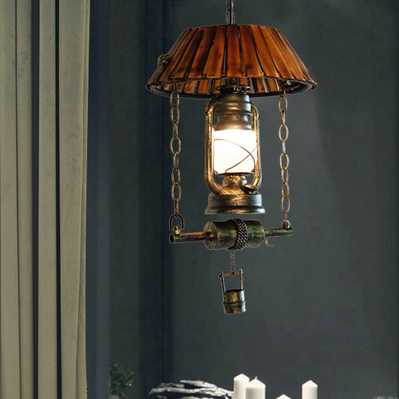 Vintage Wood & Iron Ceiling Light Lantern Pendant With Single Bulb Brown Hanging For Indoor Décor
