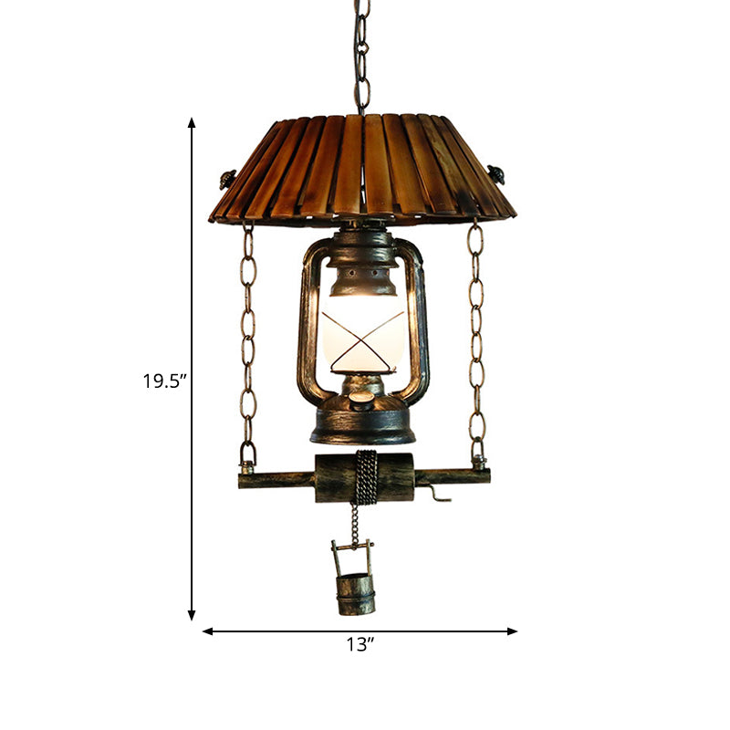 Vintage Wood & Iron Ceiling Light Lantern Pendant With Single Bulb Brown Hanging For Indoor Décor